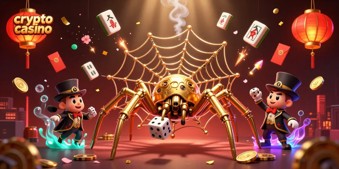 Profitez d'une expérience immersive dans un crypto casino avec une araignée steampunk et des éléments de jeu colorés.