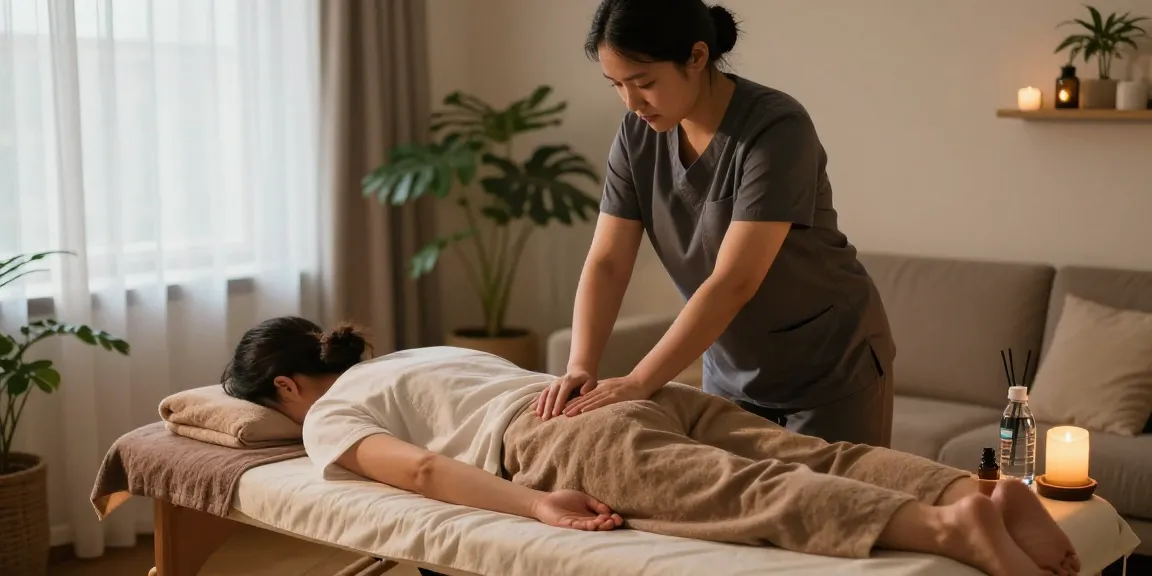 하남출장마사지 session in a cozy home environment with a therapist providing calming Swedish massage.