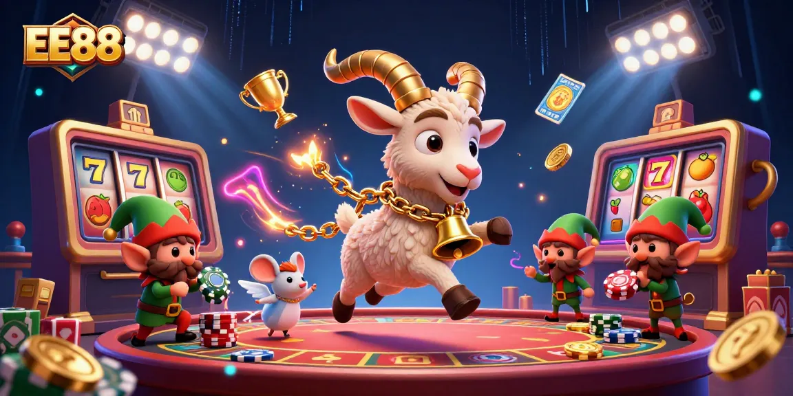 Experience thrilling gaming at EE88 with festive 3D characters in an action-filled casino scene.