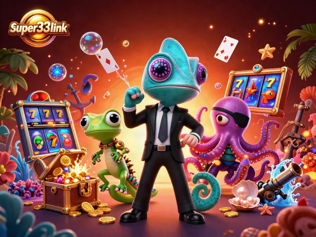 Engage with super33link's thrilling casino adventure featuring a secret agent chameleon and vibrant game elements.