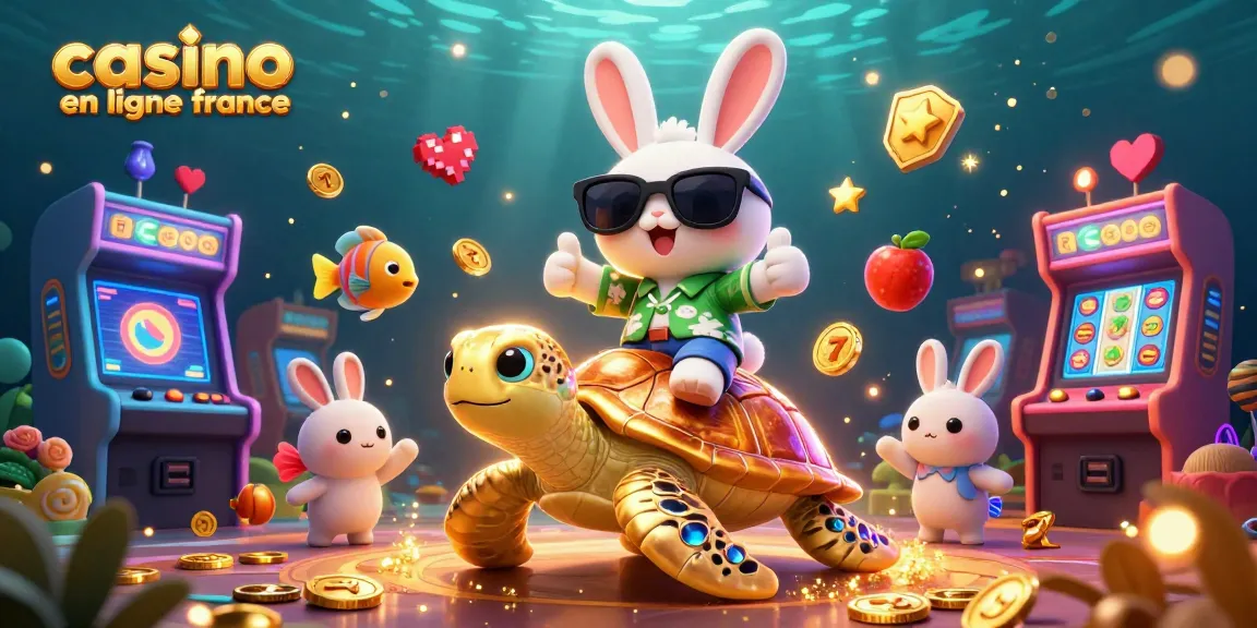 Visualisez le monde fascinant du casino en ligne France avec un lapin chanceux et une tortue dorée.