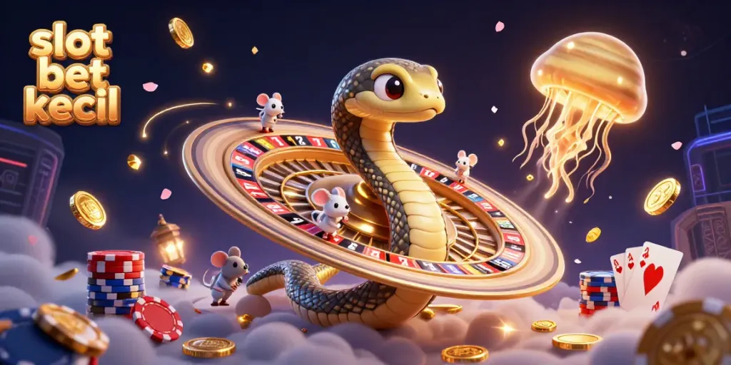 Slot bet kecil dengan ilustrasi kasino yang menggambarkan karakter 3D dan elemen permainan.