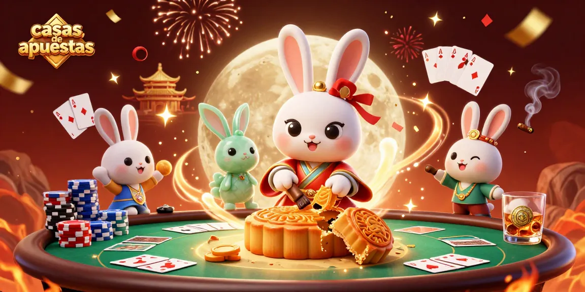 Apuesta involucrante en casas de apuestas, donde un conejo de luna celebra con fichas de póker y confeti dorado.