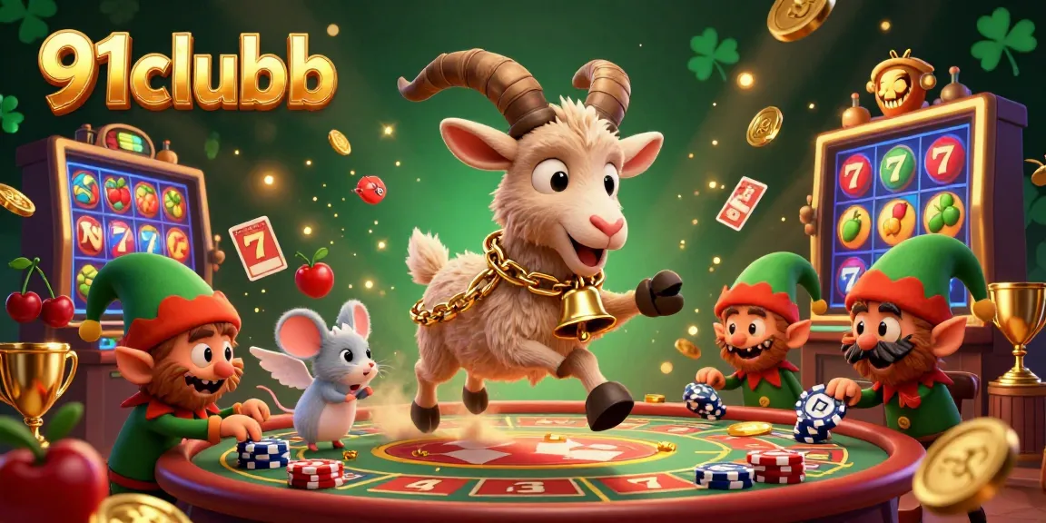 Engage with the festive chaos of 91clubb, featuring a Krampus goat amidst vibrant slot elements in a spooky casino.