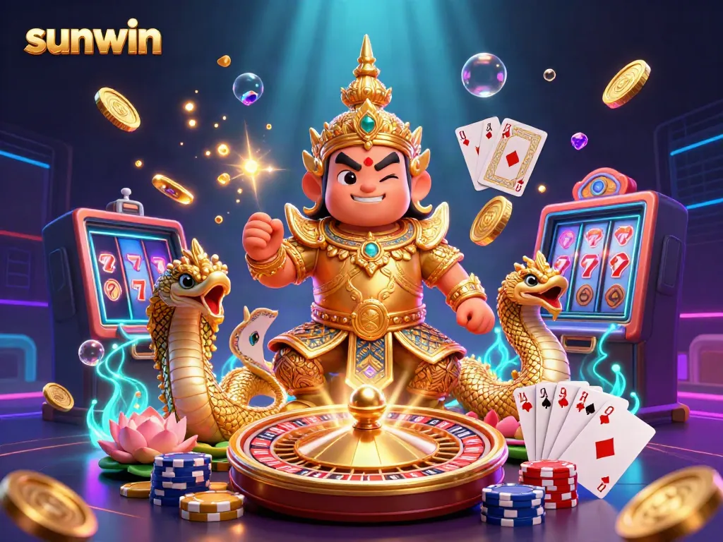 Engage with sunwin's thrilling casino experience, featuring a friendly yaksha guardian surrounded by vibrant gaming elements.