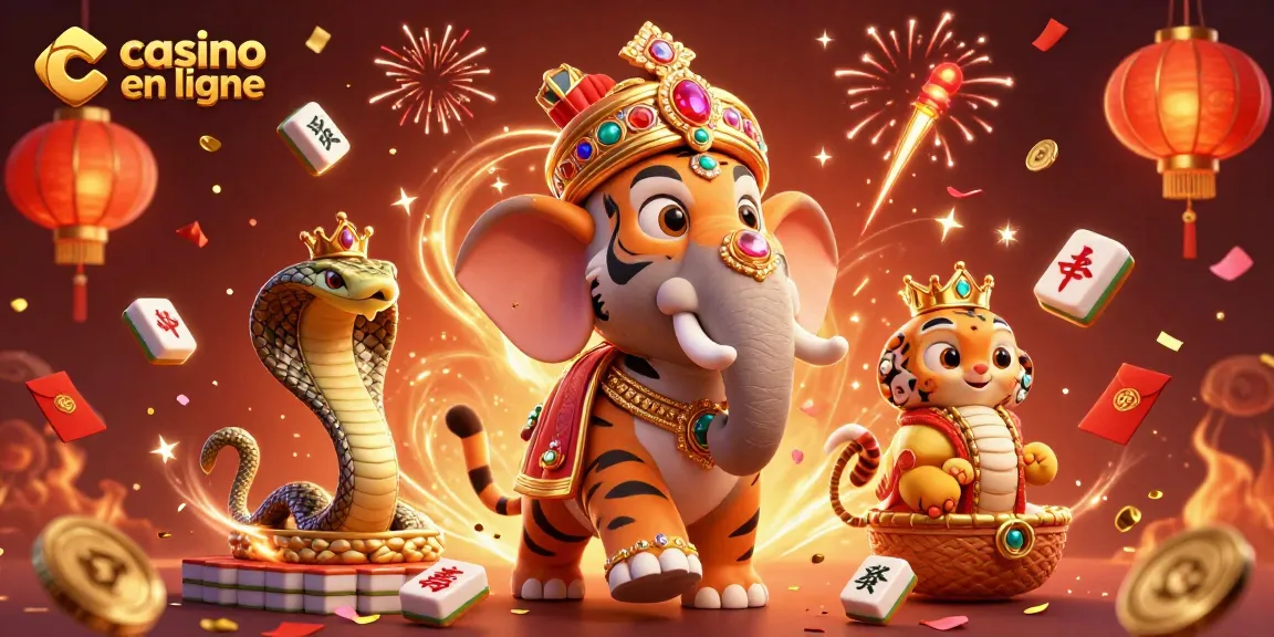 Faites l'expérience de casino en ligne avec un tigre maharaja sur un éléphant, entouré de jetons et de lanternes.