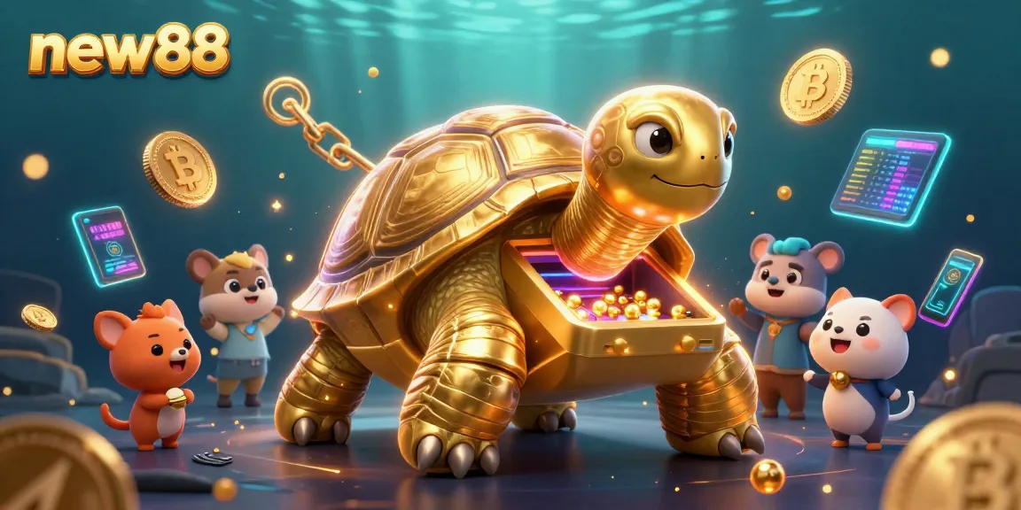 Play exciting games at new88 with a bustling scene of a golden tortoise slot machine surrounded by colorful crypto elements.