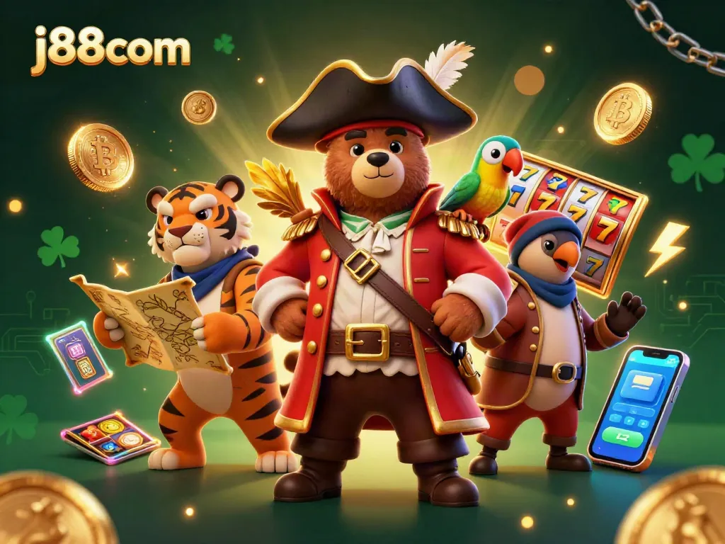 Experience thrilling jackpots with j88com's vibrant 3D illustration featuring a pirate bear, tiger, and crypto coins.