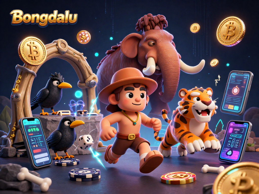 Bongdalu showcases a dynamic prehistoric casino scene with a caveman, sabertooth tiger, and crow engaged in gambling.