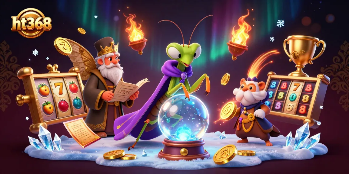 Immerse in ht368's gaming world with a vibrant 3D illustration showcasing mystical fortune teller and dynamic slot elements.