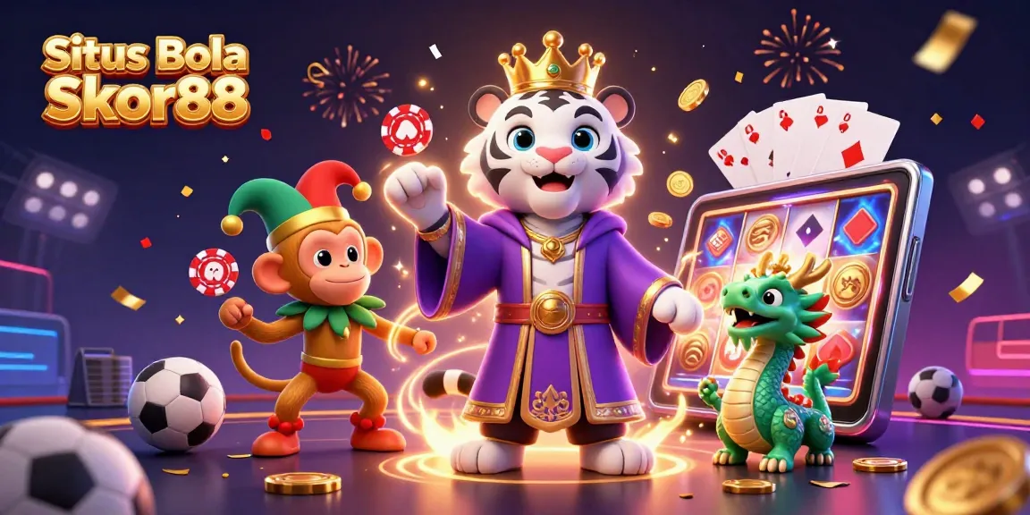 Situs Bola Skor88 delivers sports betting excitement, featuring a royal tiger, jester monkey, and a jade dragon.