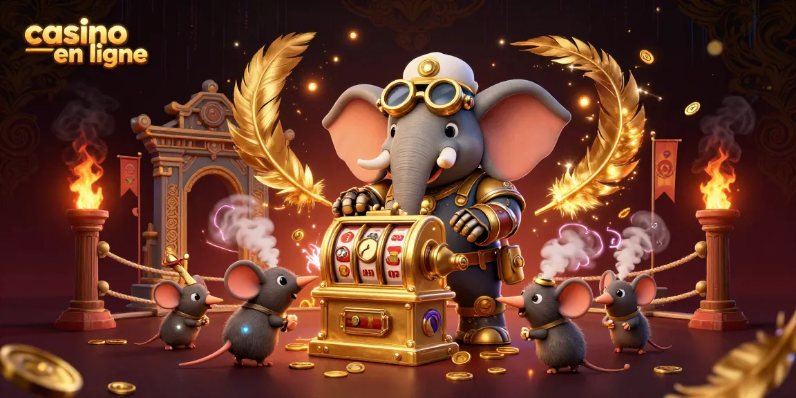 Jouer à un casino en ligne avec une machine à sous dorée, éléphant ingénieur steampunk et effets visuels.