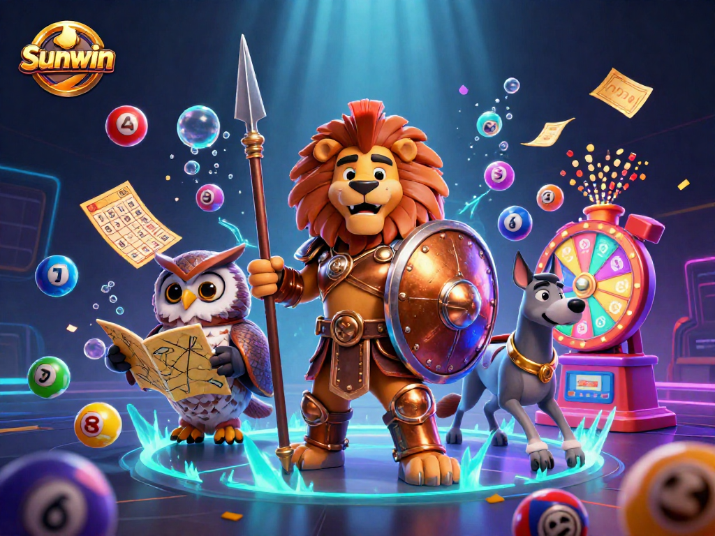 Spin to win with Sunwin's immersive casino experience featuring vibrant lottery elements and dynamic characters.