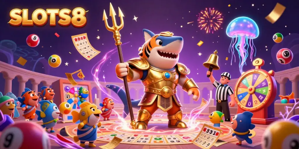 SLOTS8 captures the thrill of gameplay with a tiger shark amidst vibrant casino elements.