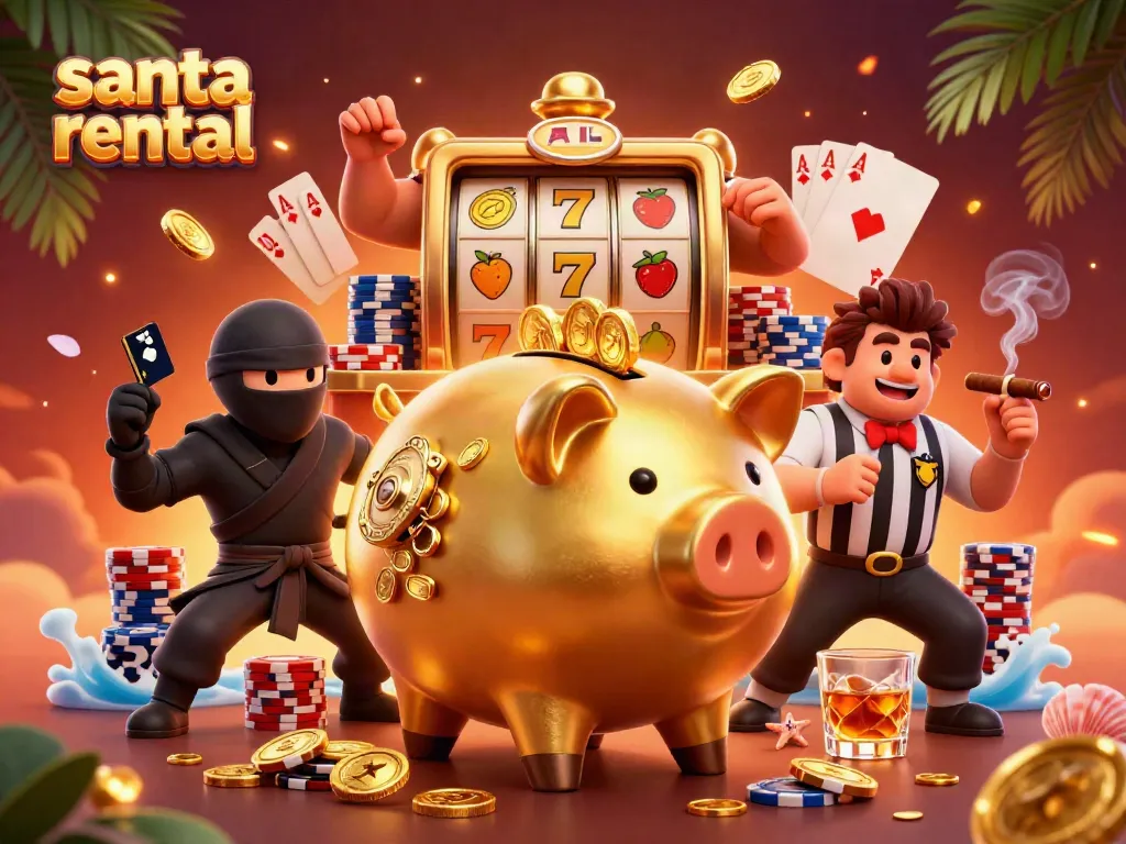 Engaging santa rental scene with cartoon characters showing festive gambling elements and vibrant colors.