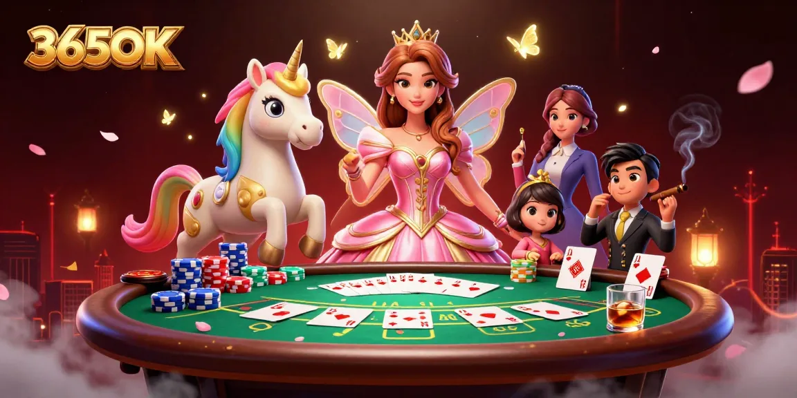 Engage with 365OK in a vibrant, dynamic poker scene featuring an Asian woman and a golden unicorn.
