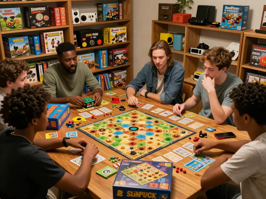 Sildenafil-themed game night with friends playing popular board games in a vibrant and cozy game room setting.