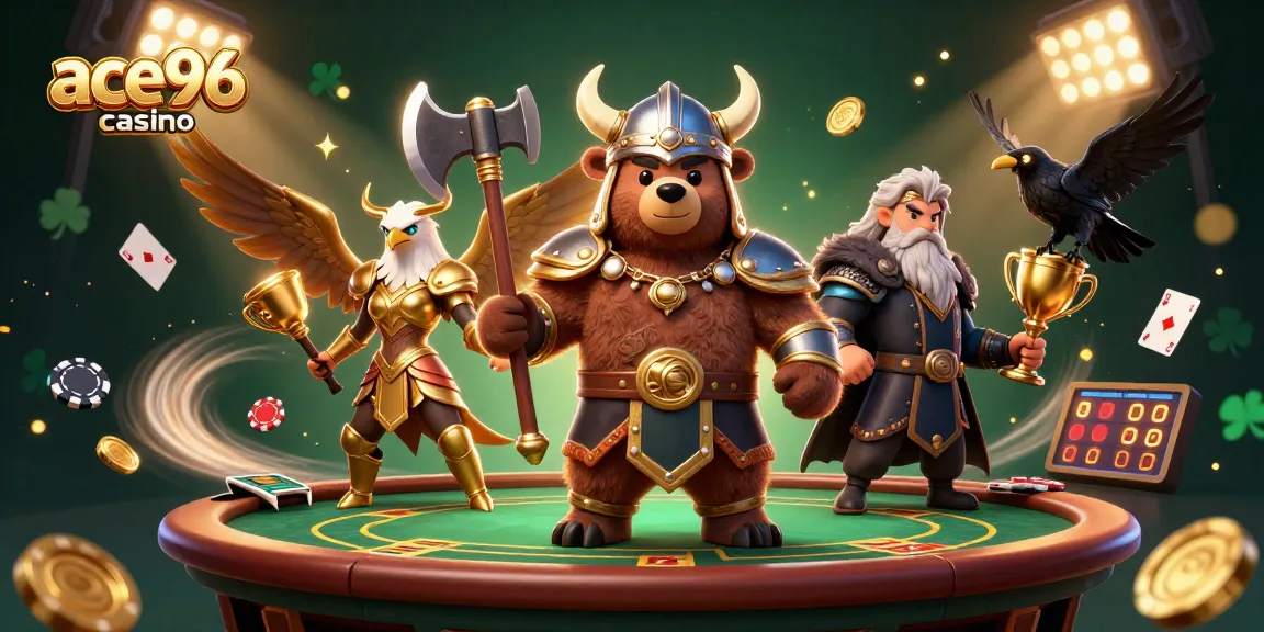 Win at ace96 casino with an exciting 3D poker-themed illustration featuring dynamic characters.