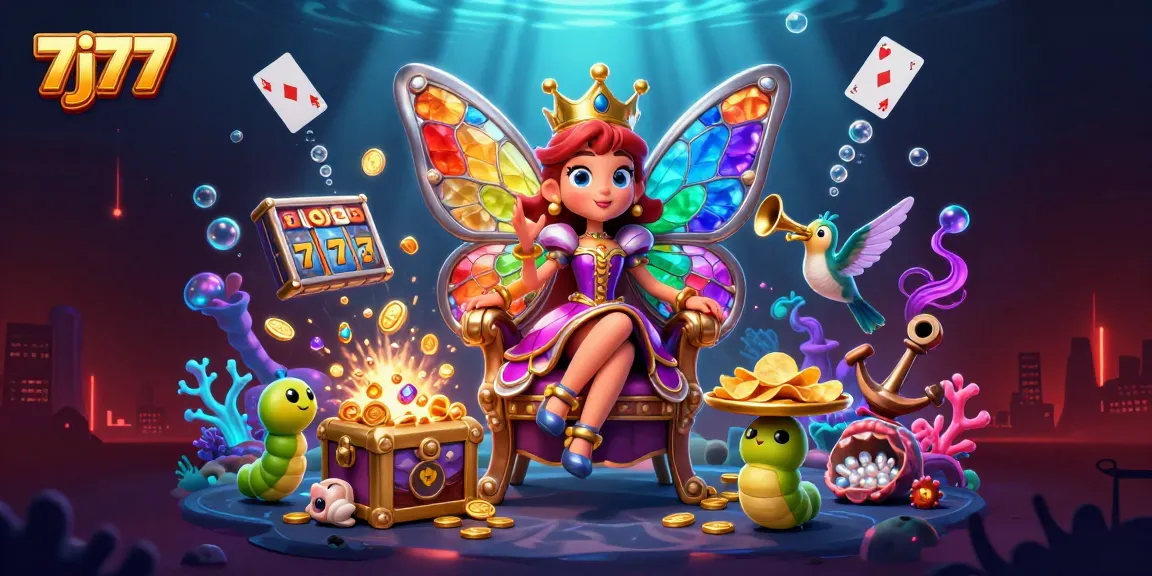 Engage with 7j77's vibrant casino world featuring a butterfly queen and floating slot reels.