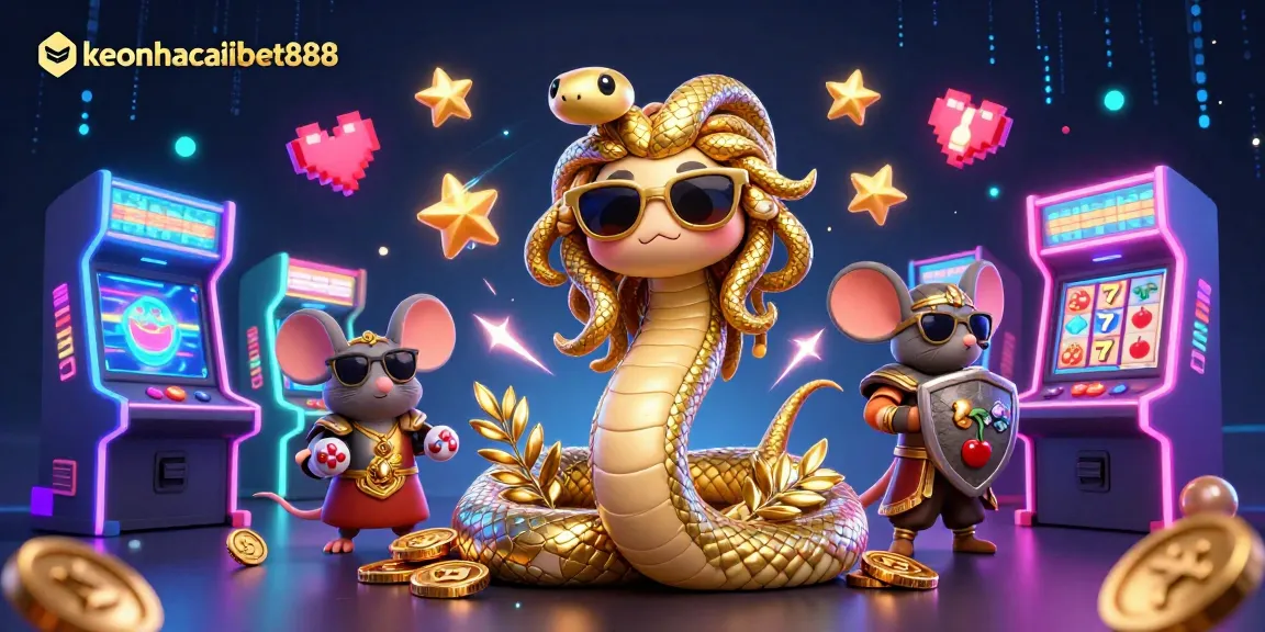 Engage with keonhacaibet888's vibrant casino scene as Medusa and a warrior mouse celebrate a jackpot!