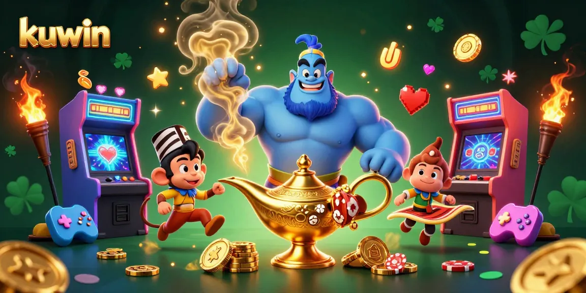Kuwin engages gamblers with a vibrant 3D depiction of a genie and gaming elements for an immersive online experience.