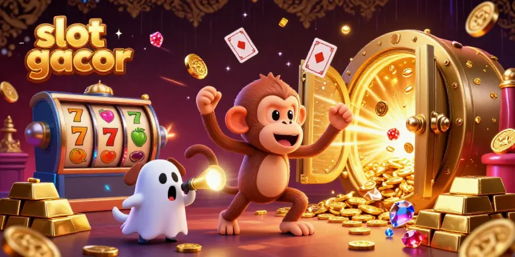 Engage with slot gacor experience featuring a playful poltergeist monkey juggling coins in a dazzling casino.