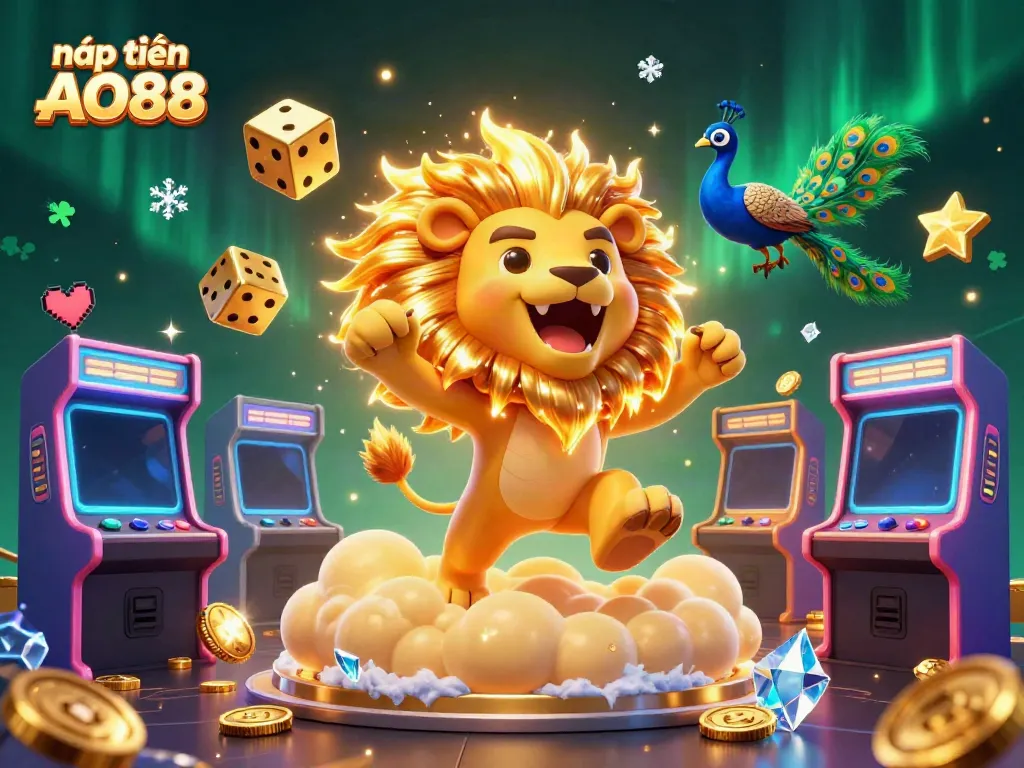 Engage with the vibrant and thrilling nạp tiền AO88 scene featuring a roaring lion, glowing game elements, and rich casino imagery.