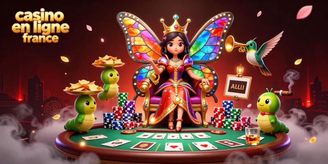 Jouez sur le casino en ligne France avec une reine papillon majestueuse entourée de jetons et de cartes.