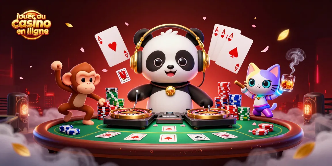 Jouez au casino en ligne avec cette illustration dynamique mettant en scène un panda DJ, un singe dansant et un chat rave, entourés d'éléments de jeux.
