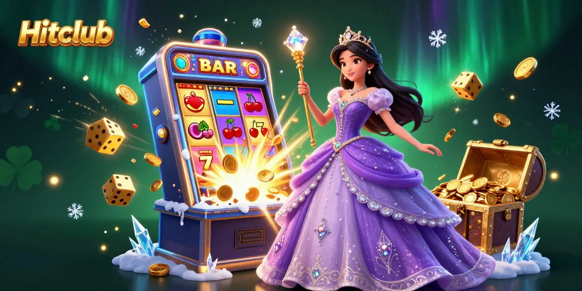 Experience thrilling wins with Hitclub at a colorful slot machine surrounded by jackpots and vibrant gaming elements.