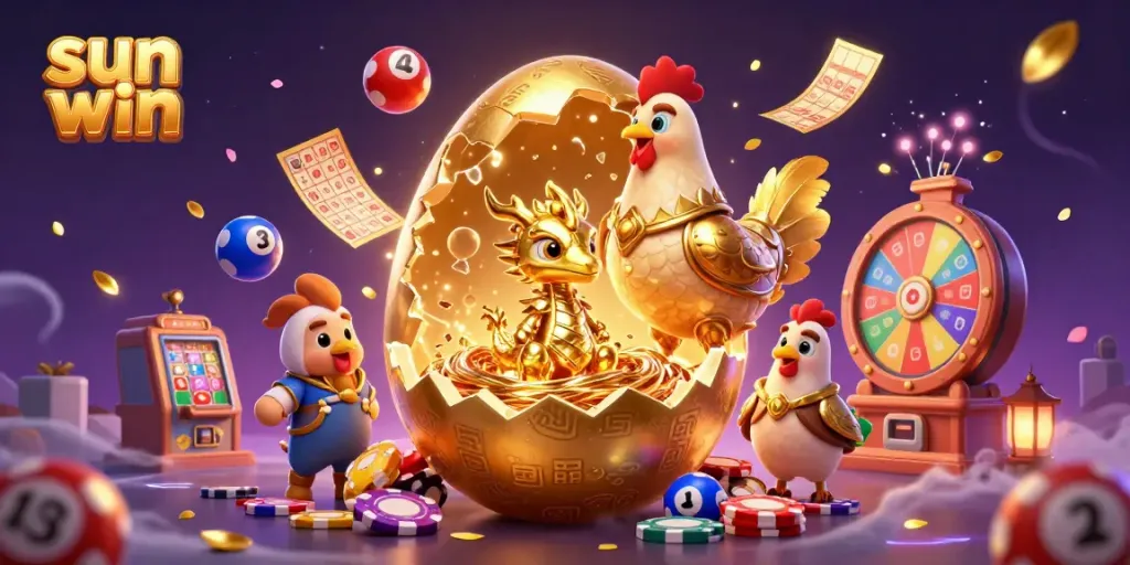 Experience sun win's vibrant gaming world with a baby dragon and golden poker chips amidst dynamic lottery elements.