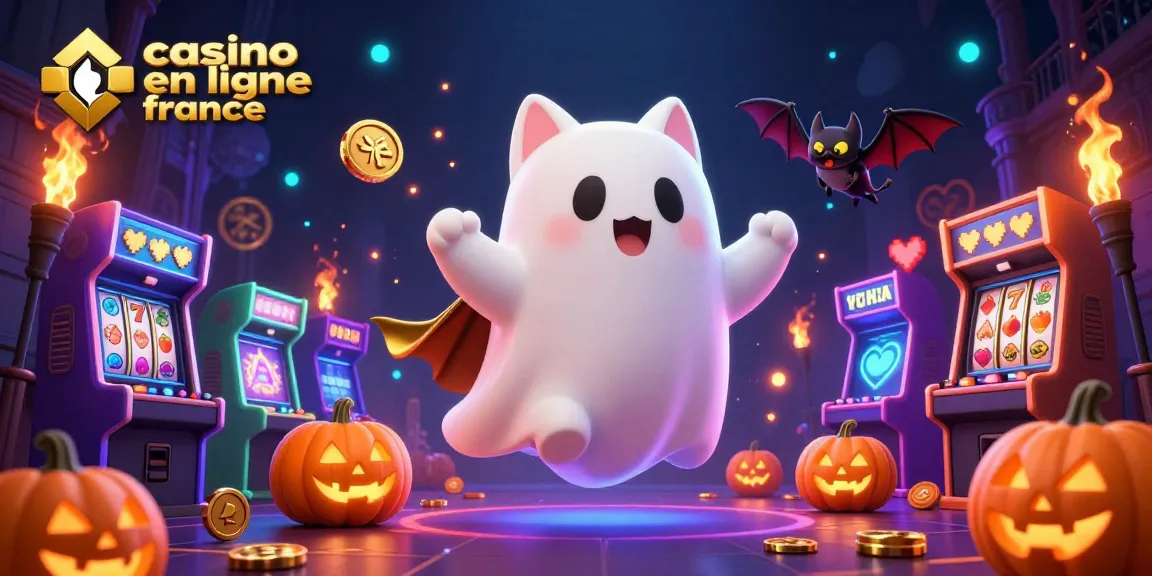 Visitez le casino en ligne France avec notre fantôme et sa chauve-souris amicale entourés de machines à sous.