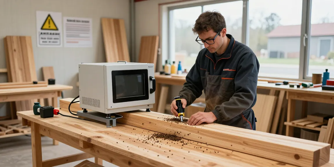 Shashel wood treatment technician using microwave technology to eliminate wood-boring beetles in a professional workshop.