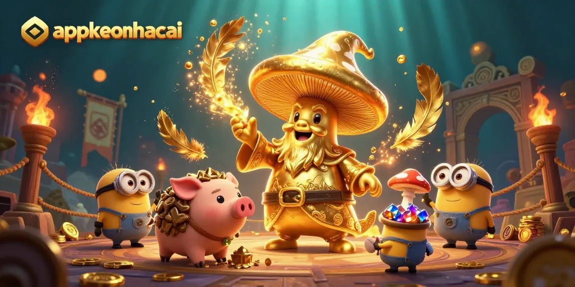 Experience appkeonhacai with a golden wizard and treasures in this captivating 3D scene.