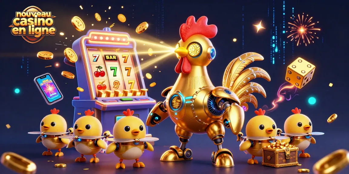 Visuel captivant pour nouveau casino en ligne avec un robot coq doré et des drones, illustrant des jeux de casino.