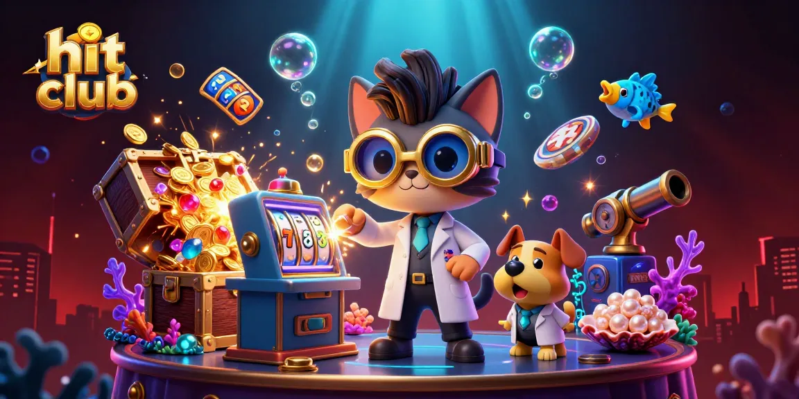 Spin the reels at hit club while the mad scientist cat and dog create luck, surrounded by riches.