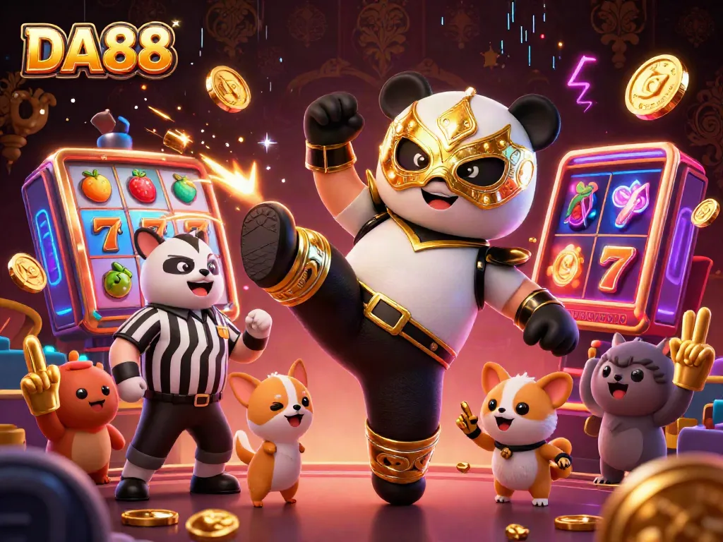 Experience DA88's vibrant casino atmosphere with a wrestling panda and a referee amidst exciting slot games.