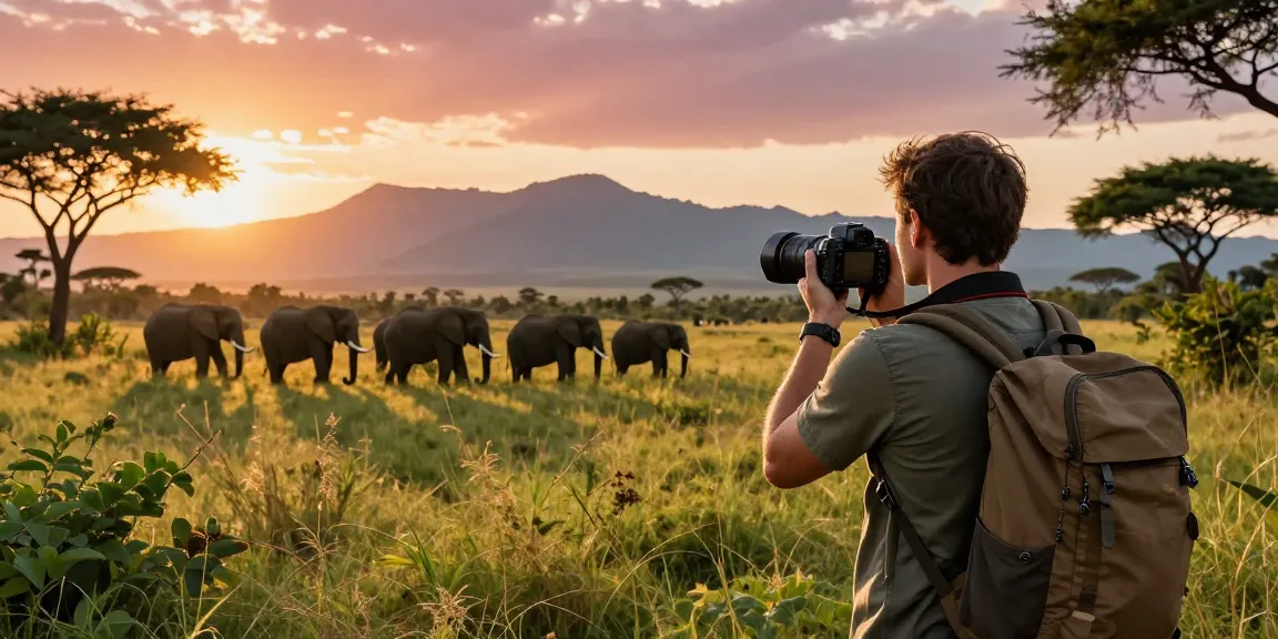 NAGA2000 traveler witnessing elephants at Kidepo Valley National Park during sunset, capturing stunning wildlife moments.