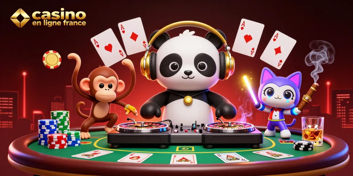 Le casino en ligne France anime une scène dynamique avec un panda DJ, un singe danseur et un chat à la fête.