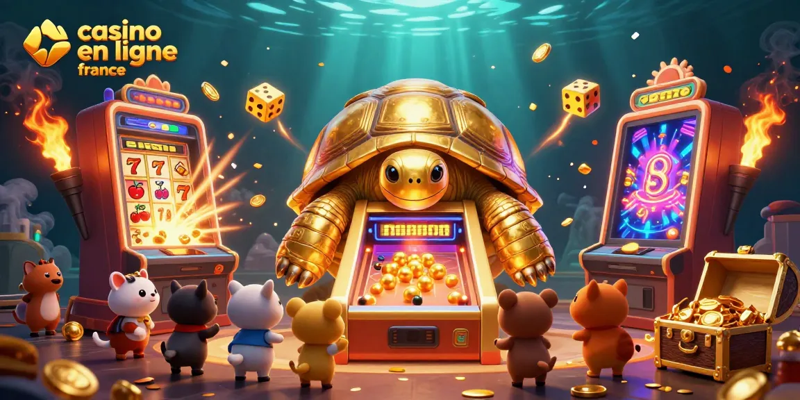 Jouer à des jeux de casino en ligne France avec une machine à sous explosive, tortue dorée et confettis.