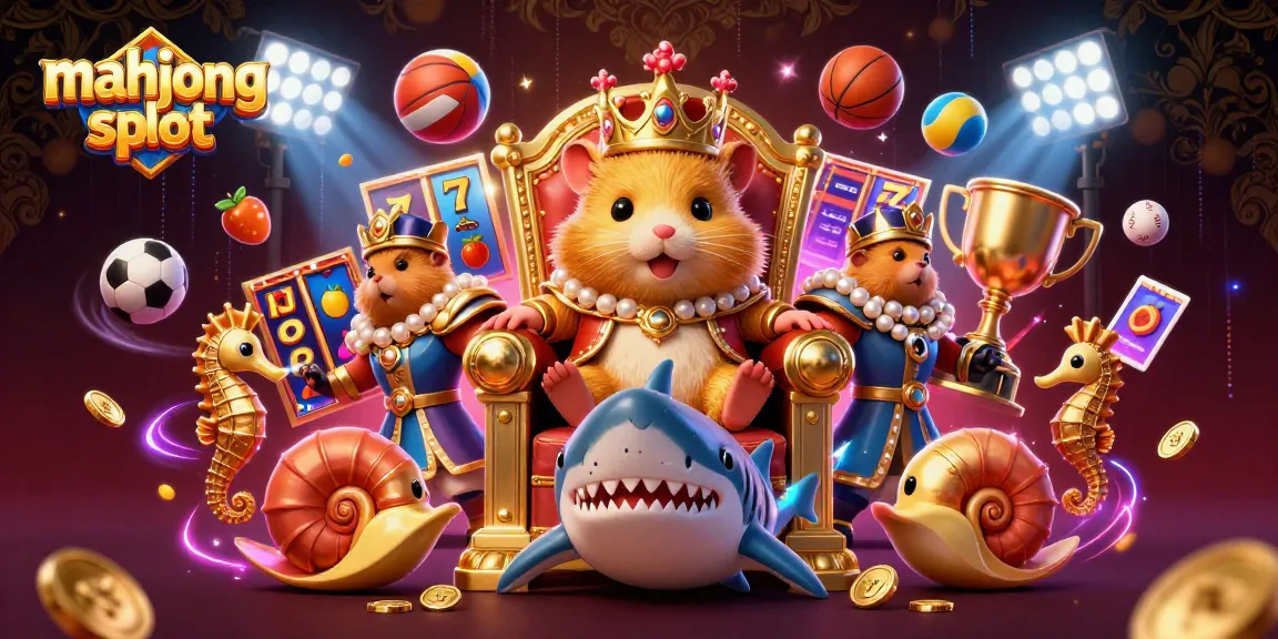 Mainkan mahjong slot dengan raja hamster emas di atas takhta gigi hiu, dikelilingi elemen perjudian.