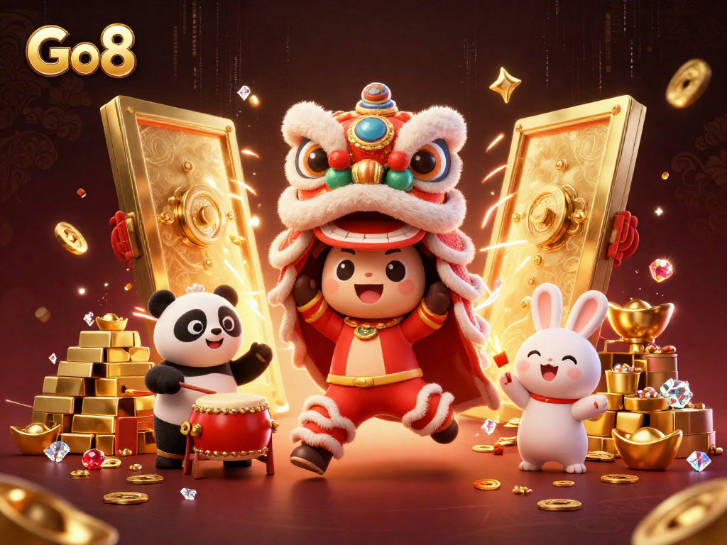 Engage with Go8's exciting gaming world featuring a vibrant lion dance and treasure elements.