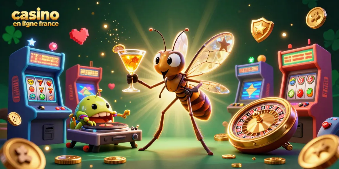 Image dynamique illustrant le casino en ligne France avec un moustique mascotte et un DJ trilobite.