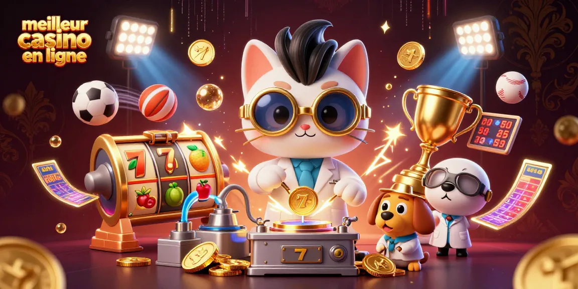 Jouez au meilleur casino en ligne avec cette illustration captivante d'un chat scientifique et son assistant.