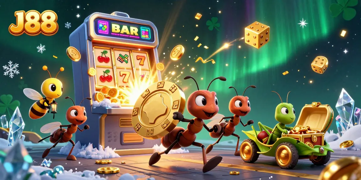 Engaging J88 scene featuring cartoon ants carrying a giant poker chip amidst casino chaos.