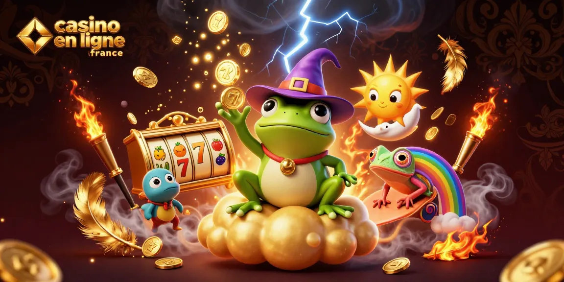 Profitez d'un divertissement au casino en ligne France avec un magicien grenouille et des pièces d'or volantes.