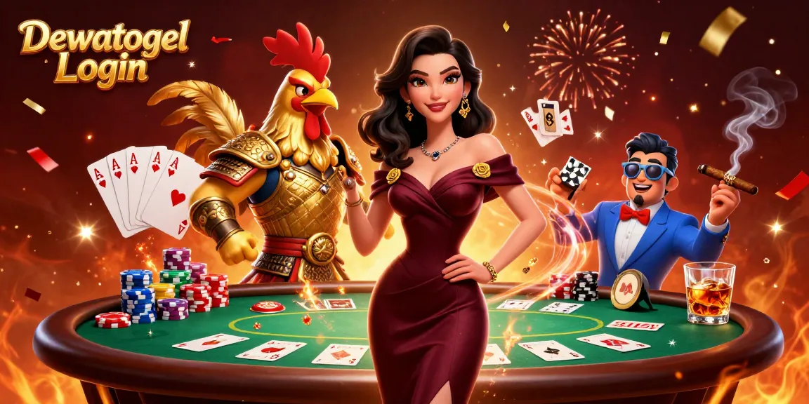 Dewatogel Login scene showcasing a glamorous woman and golden rooster warrior among poker elements