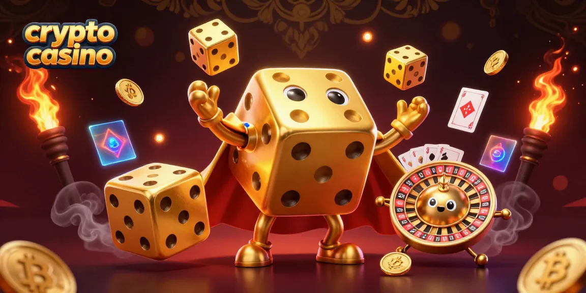 Jouer au crypto casino avec des dés dorés géants et des éléments de blockchain.