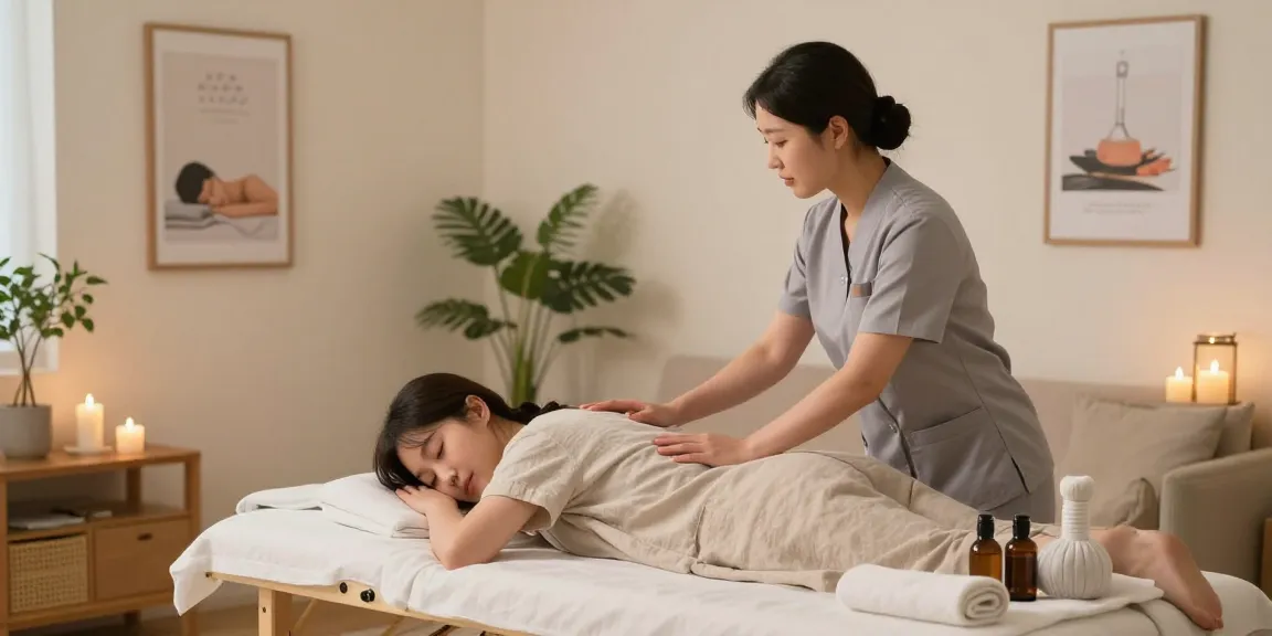 화곡동출장마사지 session in a serene home setup with a professional therapist discussing with a client.