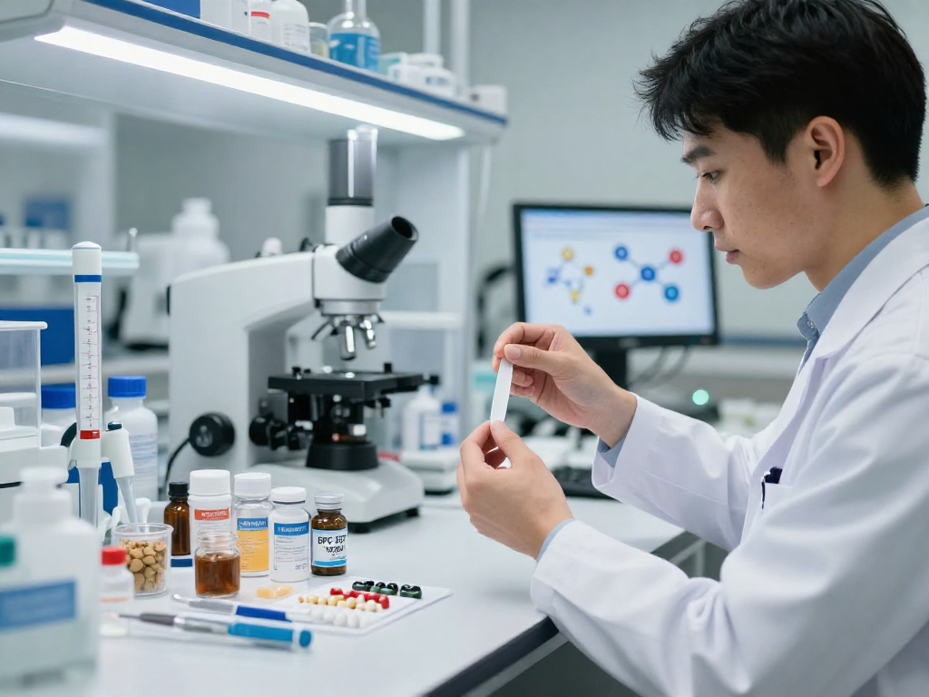 BPC 157 TB 500 Blend formulation in a modern lab setting, showcasing innovative buccal strip technology and precise ingredient preparation.